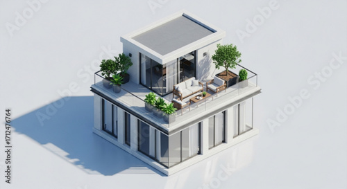 Isometric view of a modern house with a rooftop terrace, showcasing outdoor furniture and plants, perfect for architectural visualization