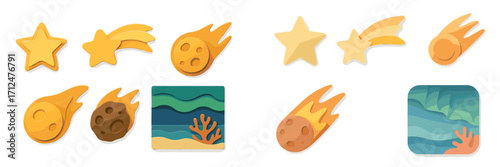 Vibrant collection of paper cut style stars, shooting stars, meteors, and an abstract ocean landscape with coral