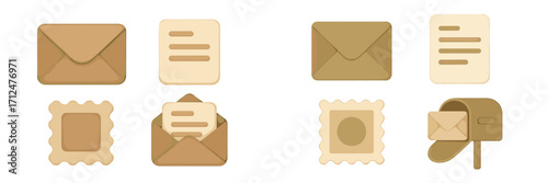 Collection of postal service elements with closed and open envelopes, blank letters, decorative stamps, and a mailbox