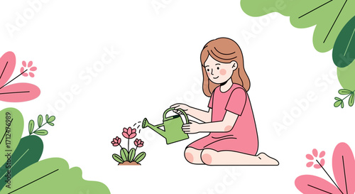 Child Watering Flowers, Gardening Illustration, Simple Garden Vector Artwork, Floral Theme