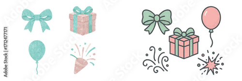 Festive celebration elements with decorative bows, wrapped gift boxes, floating balloons, and exploding confetti
