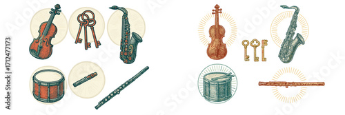 Assortment of classic musical instruments including violin, saxophone, drum, flute, and old skeleton keys with a retro engraved aesthetic
