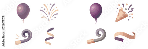 Festive celebration elements set with balloons, confetti, party poppers, fireworks, and decorative ribbons