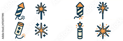 Set of diverse fireworks, including rockets, firecrackers, and sparklers, perfect for festive celebrations and holiday events