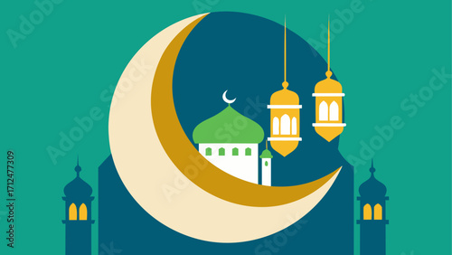 Crescent moon and mosque with lanterns art