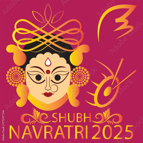 Shubh Navratri 2025 Goddess Durga Face Art. Colorful illustration of Goddess Durga face with decorative patterns and Shubh Navratri 2025 text, ideal for festival greetings and celebration EPS 10/AI. 