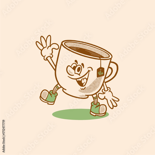 tea cup with tea bag retro cartoon character mascot illustration with happy face for herbal product, plantation, grocery, health food, cafes mascots and merchandise. groovy, vector, editable, icon