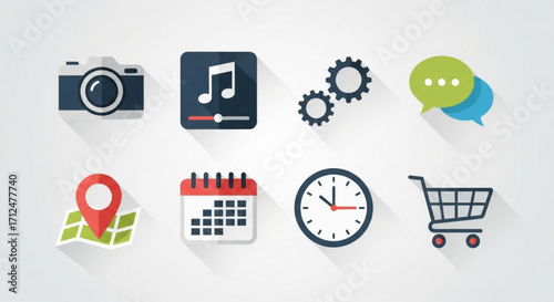 Collection of flat design icons representing various functions and applications, suitable for web and mobile interfaces