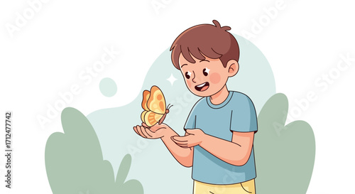 Boy Marveling at the Delicate Beauty of the Butterfly Fluttering in His Hand