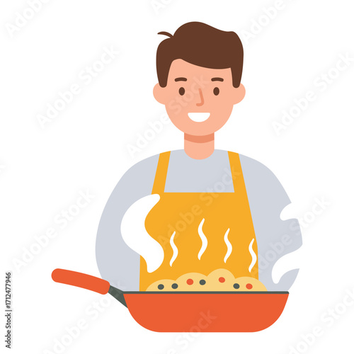 Vector art of smiling man wearing apron cooking food in frying pan