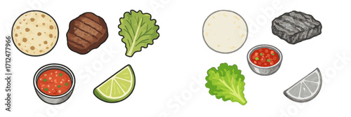 Assortment of fresh Mexican food ingredients including tortillas, grilled meat, crisp lettuce, spicy salsa, and zesty lime wedges