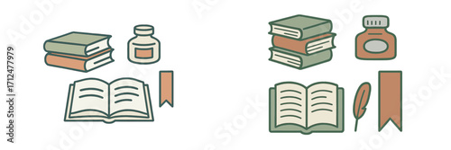 Collection of reading and writing icons featuring stacked books, open book, ink bottles, quill pen, and bookmarks