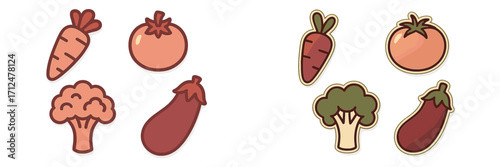 Fresh healthy vegetables in stylized flat design with outlines and subtle shadows for food and nutrition concepts