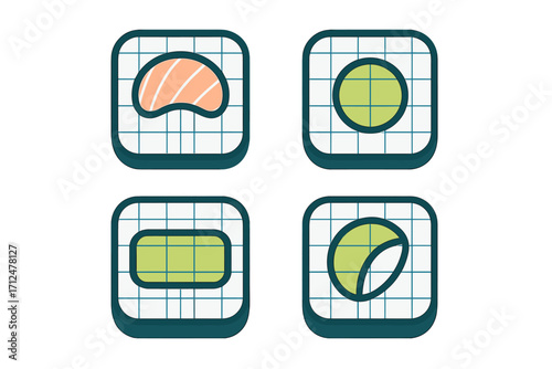 Stylized sushi rolls set with salmon, cucumber, and avocado fillings on a grid pattern background design