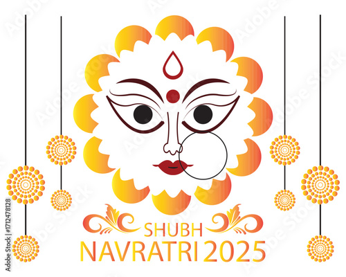 Shubh Navratri 2025 Goddess Durga Face Art. Colorful illustration of Goddess Durga face with decorative patterns and Shubh Navratri 2025 text, ideal for festival greetings and celebration EPS 10/AI. 