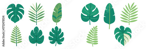 A vibrant and diverse collection of lush green tropical plant leaves and exotic botanical foliage elements