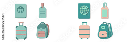 Essential travel items set with passports, luggage tags, suitcases, and backpacks for global journeys