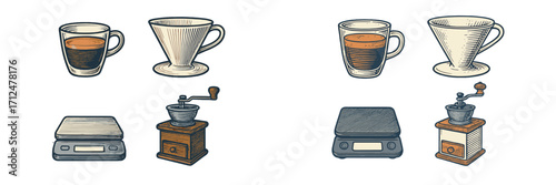 Coffee brewing equipment set with manual grinders, digital scales, and pour-over drippers for home preparation