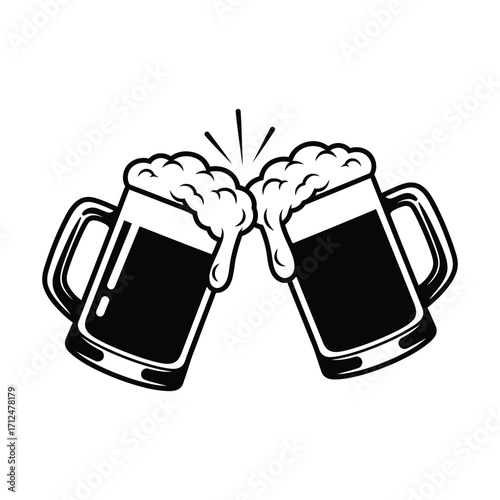 A dynamic illustration of two frothy beer mugs clinking in a festive cheers, symbolizing joyous celebration and friendship.