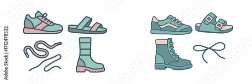 Modern collection of diverse footwear designs featuring athletic sneakers, casual sandals, sturdy boots, and shoelaces