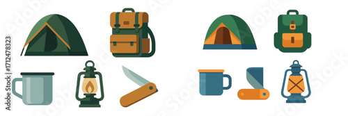 Outdoor adventure equipment icons set with camping tents, backpacks, mugs, lanterns, and pocket knives