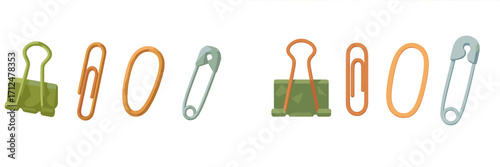 Colorful assortment of essential office and craft fastening supplies including binder clips paper clips safety pins