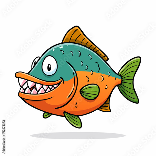 A cheerful cartoon piranha with sharp teeth, orange and teal body, swims playfully.