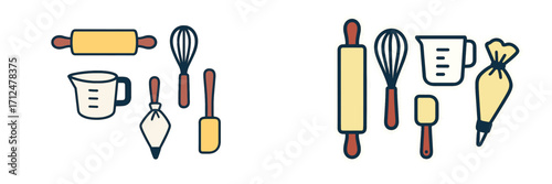 Stylized collection of essential kitchen baking tools and utensils for cooking and pastry preparation