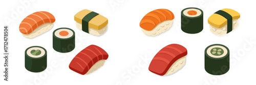 Assortment of traditional Japanese sushi and maki rolls including salmon, tuna, tamago nigiri, and cucumber maki