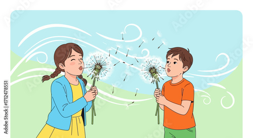 Childhood Imagination: Kids Blowing Dandelion Seeds Into Open Air, Delightful Illustration