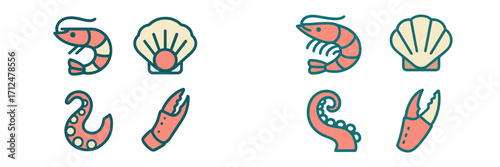 Stylized marine life icons featuring shrimp, scallop, octopus tentacle, and crab claw for seafood design