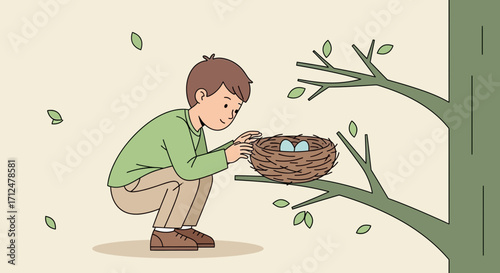 Boy Observes Bird's Nest with Eggs, Nature and Greenery, Illustrative Illustration