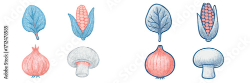 Collection of stylized fresh vegetables including spinach corn onion and mushroom for healthy eating and cooking