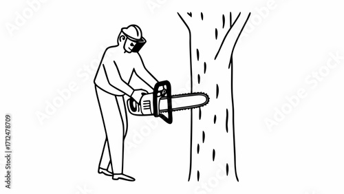 A lumberjack is cutting a tree with a chainsaw while wearing safety gear in a black and white illustration created with generated ai 