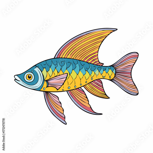 Colorful stylized fish illustration with intricate scale and fin details, isolated on a white background.