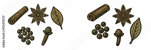 Assortment of aromatic culinary spices including cinnamon, star anise, bay leaf, peppercorns, and cloves