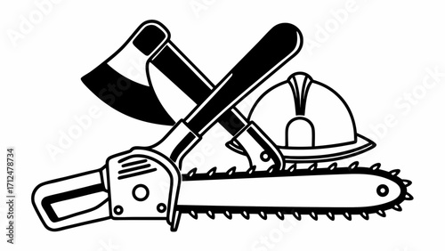 Illustration of crossed axe and pickaxe with chainsaw and helmet in black and white style art created with generated ai 