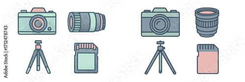 Photography equipment set with digital cameras, lenses, tripods, and memory cards for creative content