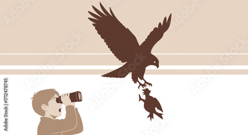 Boy Observing A Large Bird Of Prey Hunting A Smaller Creature In The Sky