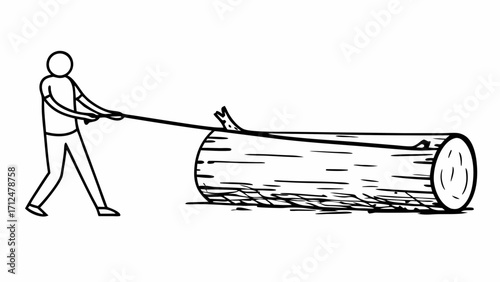 Illustration depicting a stick figure pulling a large log with a rope in a simple black and white drawing created with generated ai 