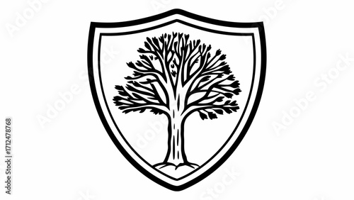 A black and white emblem featuring a bare tree centered within a shield with a double outline design created with generated ai 