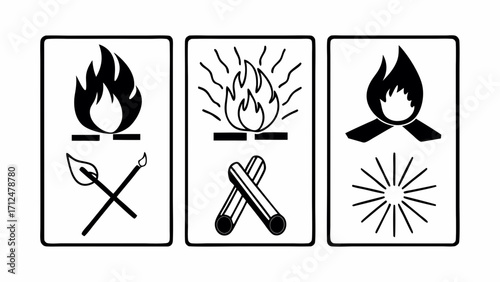 Three rectangular frames display different fire starting methods in black and white illustration style created with generated ai 