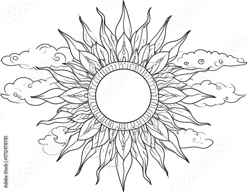 Ornate sun design with clouds