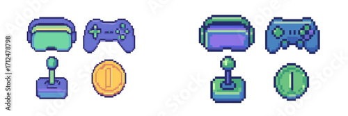 Vibrant pixelated video game controllers, virtual reality headsets, classic arcade joysticks, and digital coins