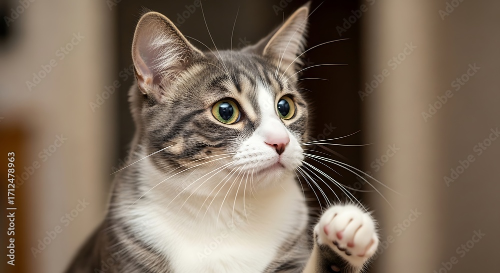 Fototapeta premium Adorable tabby cat with raised paw looking curious and playful.