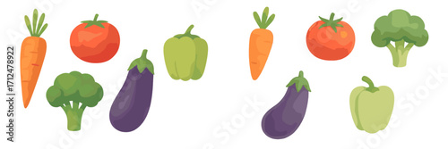 Vibrant collection of fresh healthy organic vegetables including carrots, tomatoes, broccoli, eggplants, and bell peppers