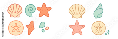 Elegant collection of stylized marine elements featuring seashells, starfish, and sand dollars in soft pastel colors