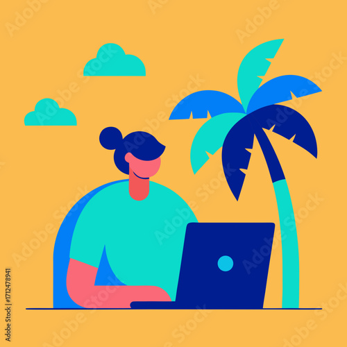 Person working on laptop near palm tree beach clouds