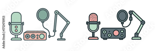 Professional audio recording equipment for podcasting studio with microphones, pop filters, and audio interfaces