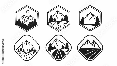 Collection of mountain and road emblems in hexagon and diamond shapes with pine trees and sun icon 100 created with generated ai 